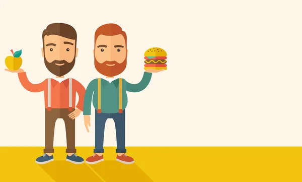 Два бизнесмена сравнивают яблоко с гамбургером . — стоковый вектор