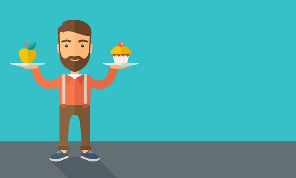 Mann trägt mit beiden Händen Cupcake und Apfel. — Stockvektor