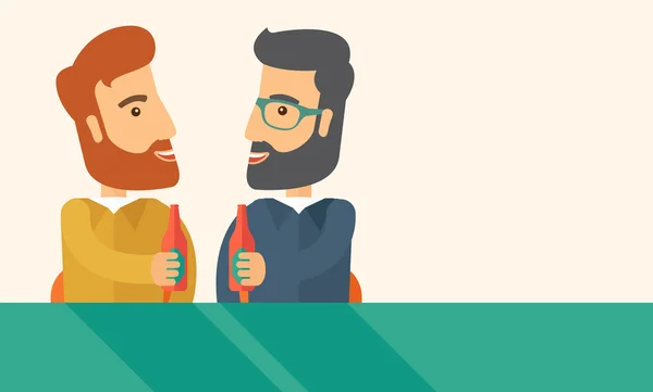 Dos compañeros de trabajo divirtiéndose bebiendo cerveza en un pub . — Vector de stock