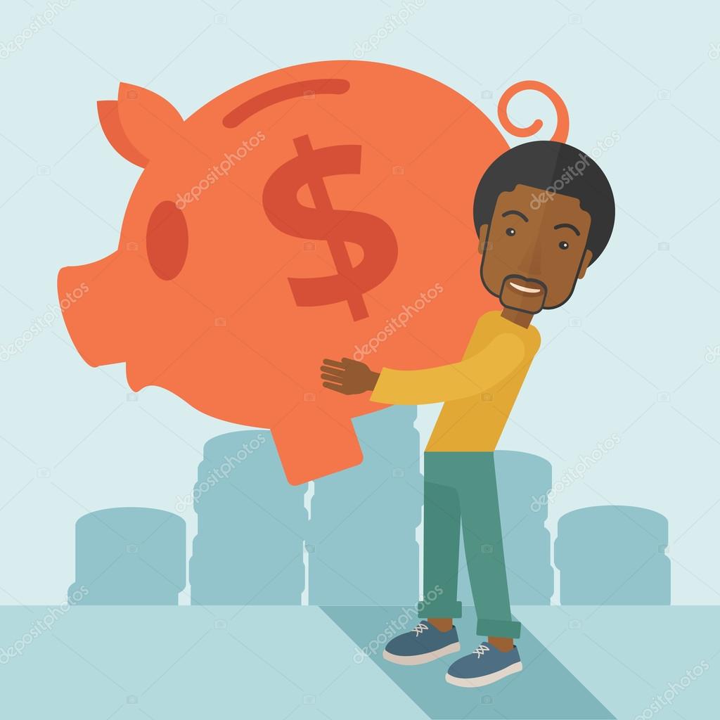 African businessman carries a big piggy bank for saving money.