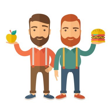 Hamburger için elma karşılaştırma iki iş adamları.