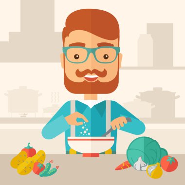 Genç Beyaz restoranda öğle yemeği için salata yemek.