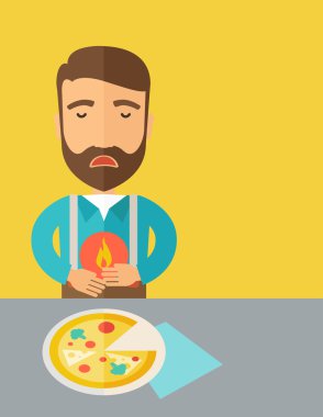 Man has a stomach burn or abdominal pain after he ate pizza. clipart