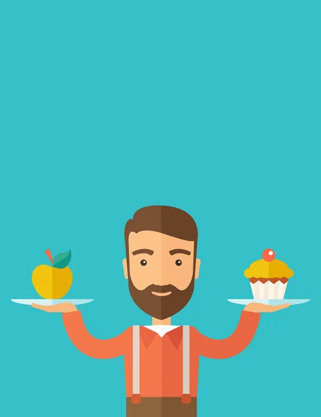 Man carries with his two hands cupcake and apple. — Stock Vector
