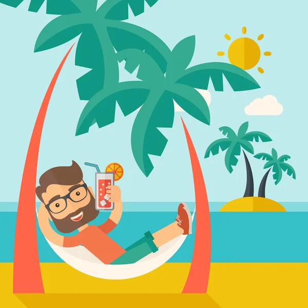 Young man on th beach relaxing and drinking cocktail. — Stock Vector