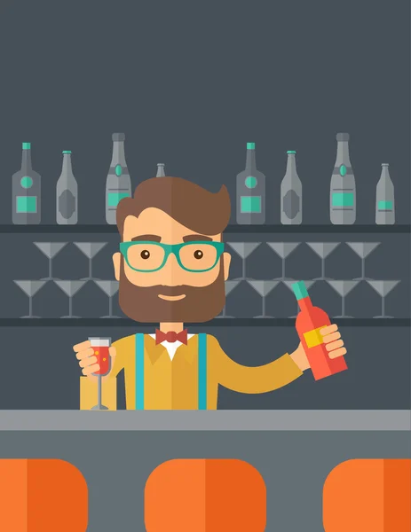 Bartender at the bar holding a drinks. — Stock Vector