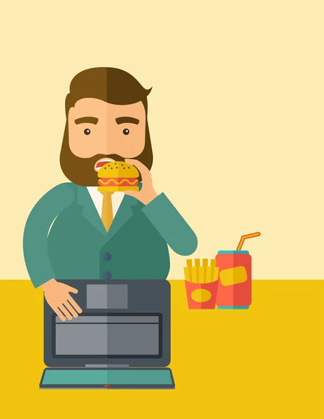 Young fat guy eating while at work. — Stock Vector