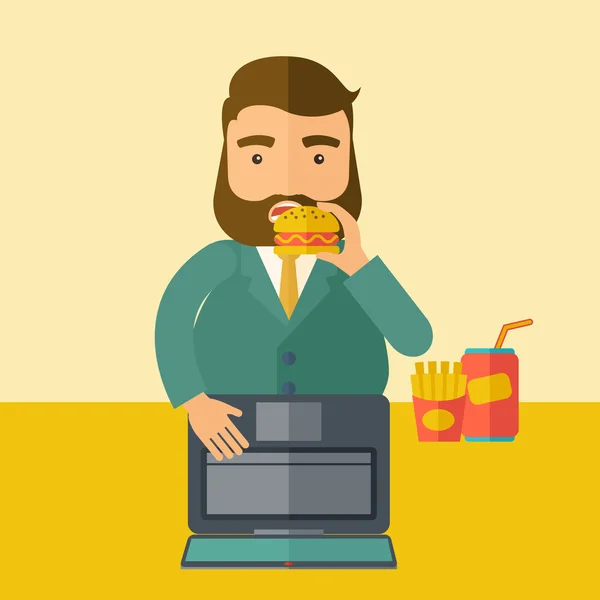 Young fat guy eating while at work. — Stock Vector