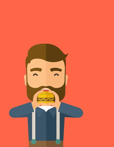 Man happy eating hamburger. — Stock Vector