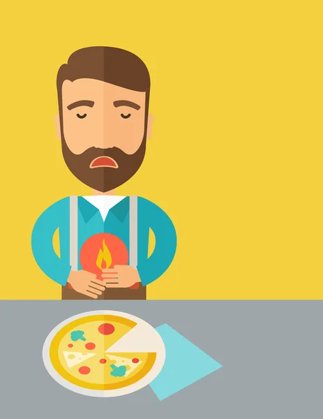 Man heeft een maag branden of buikpijn nadat hij pizza aten. — Stockvector