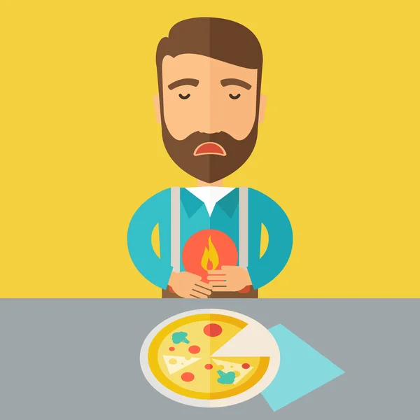 L'homme a une brûlure d'estomac ou des douleurs abdominales après avoir mangé une pizza . — Image vectorielle