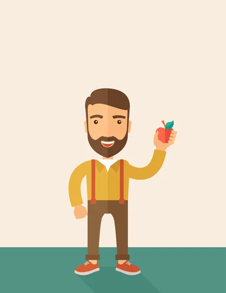 Happy man holding a red apple. — Stock Vector