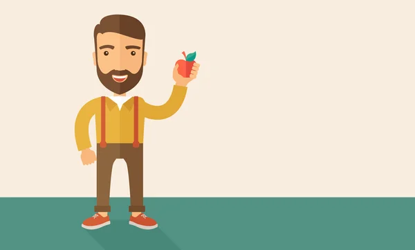 Uomo felice con in mano una mela rossa . — Vettoriale Stock
