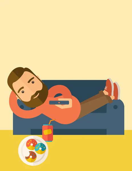 Man lying in the sofa holding a remote. — Stock Illustration Man lying in the sofa holding a remote. Vector Graphics