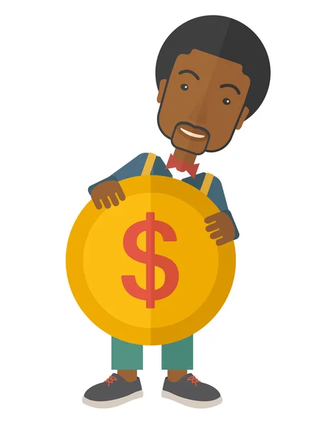 Empresário negro segurando uma grande moeda — Vetor de Stock