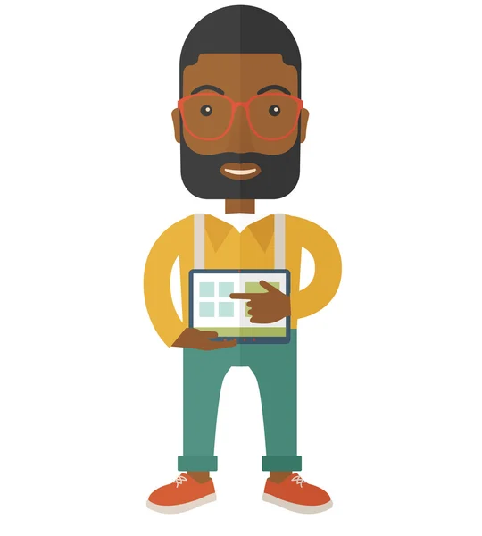 Homem negro segurando um tablet de tela — Vetor de Stock