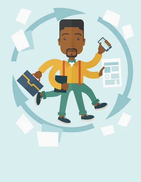 Black guy with multitasking job. — Stock Vector