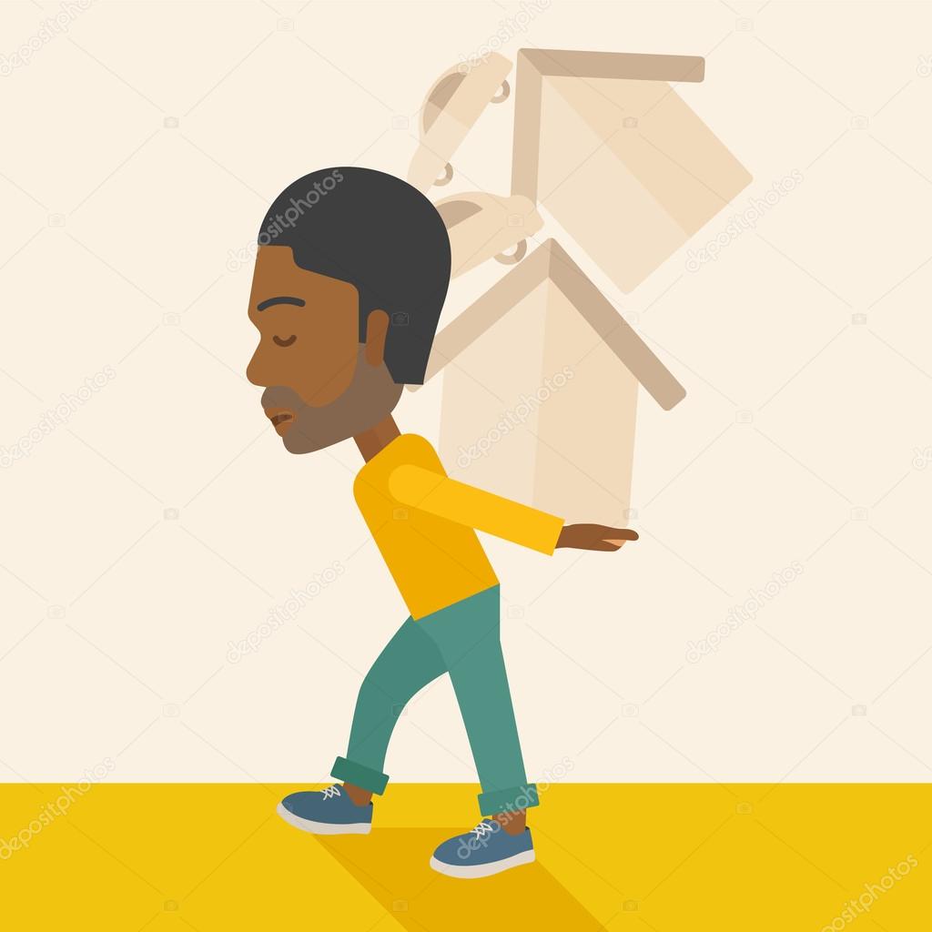 Black man carrying house and car.