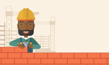 Black builder man is building a brick wall. clipart
