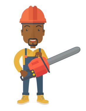 siyah oduncu bir ağaç tarafından chainsaw keser..