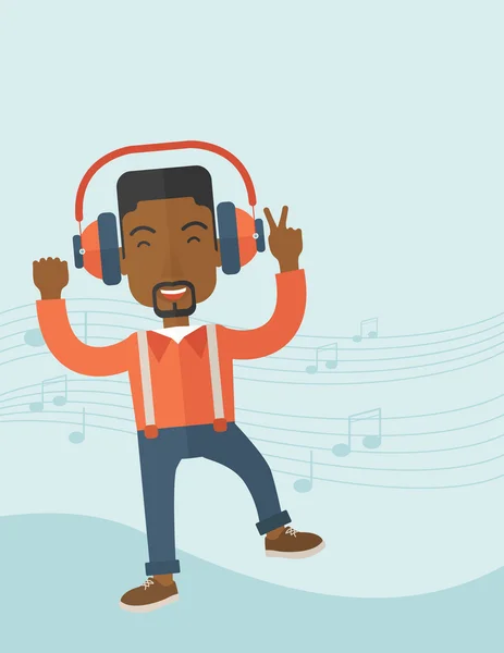 Szczęśliwy młody człowiek taniec podczas słuchania muzyki. — Wektor stockowy