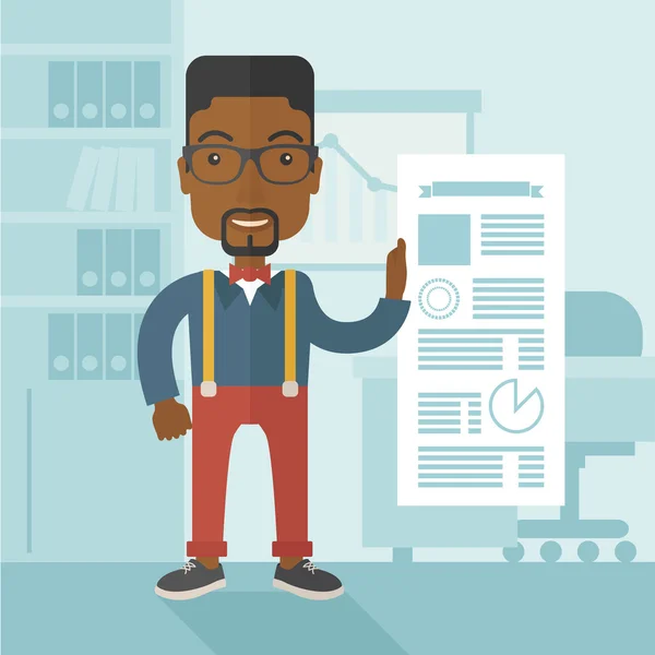 Black man happy standing inside his office. — Stock Vector