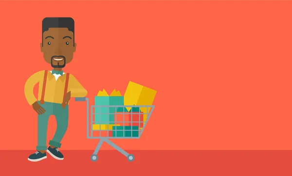 Hombre afroamericano con carrito de compras — Vector de stock