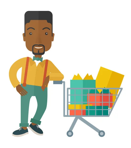 African-american man with shopping cart. — Stock Vector