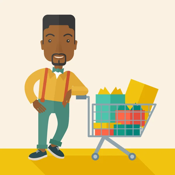 African-american Man with shopping cart — Stock Vector