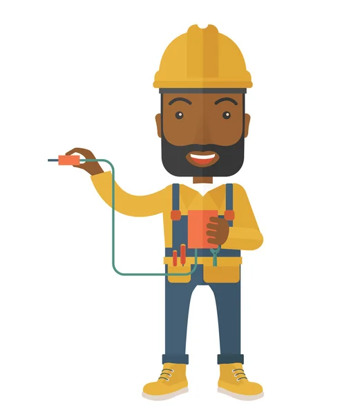 Afircan Electrician holding power cable plug — Stock Vector