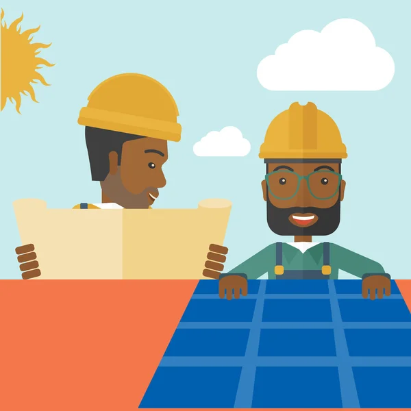 Hombre africano poniendo un panel solar en el techo . — Vector de stock