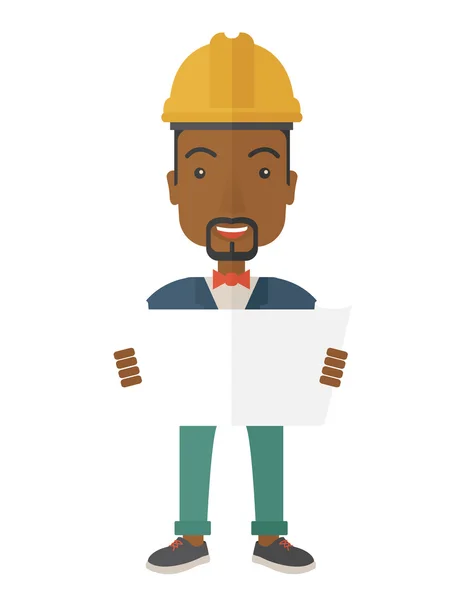 Trabajador de la construcción afroamericano que sostiene el plan . — Vector de stock