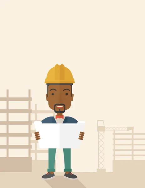 Trabajador de la construcción afroamericano que sostiene el plan . — Vector de stock