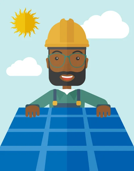 Mężczyzna wprowadzenie kolektorów słonecznych na dachu. — Wektor stockowy