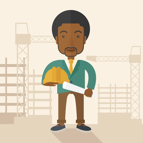Молодой африканский строитель держит в руках каску и чертеж . — стоковый вектор