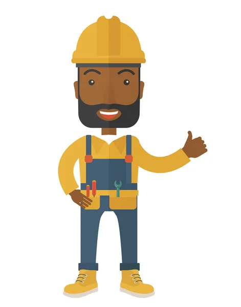 Illustration of a happy carpenter wearing hard hat and overalls — Stock Vector