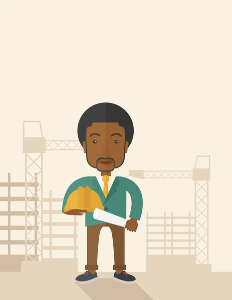 Jovem trabalhador da construção africana segurando chapéu duro e planta . — Vetor de Stock