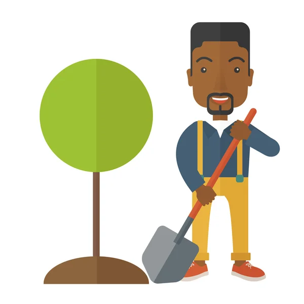African gardener plant a tree. — Stock Vector