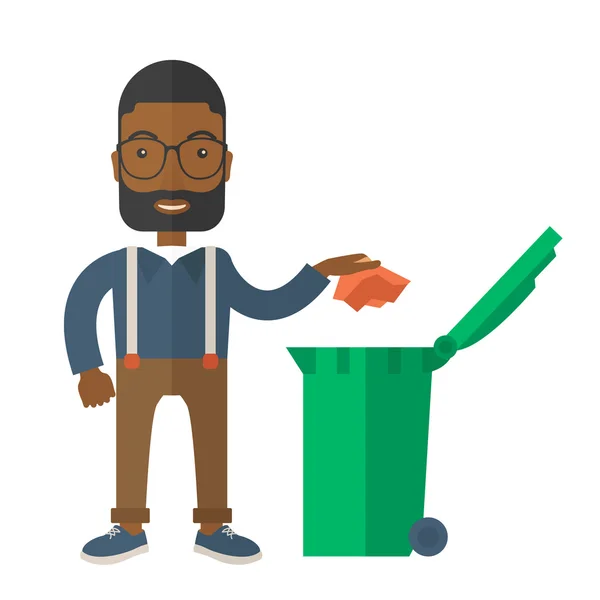Schwarzer Mann wirft Papier in Mülleimer. — Stockvektor