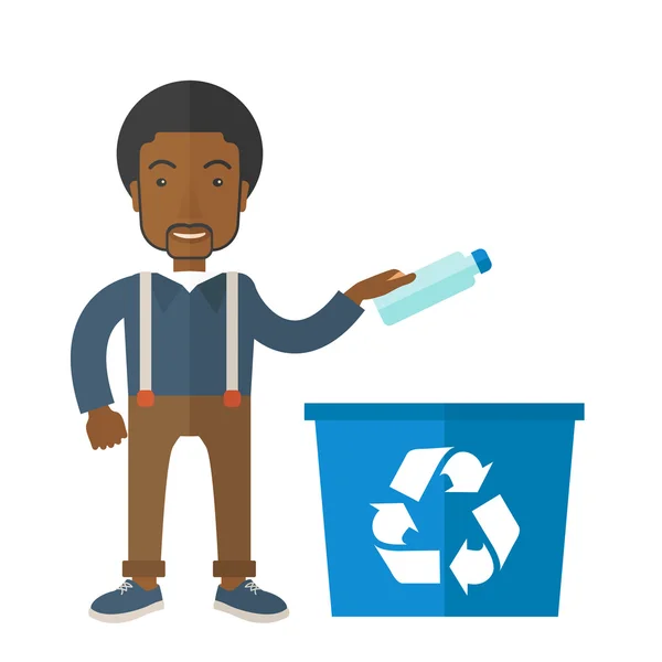 Homme jetant récipient en plastique dans la boîte de recyclage — Image vectorielle