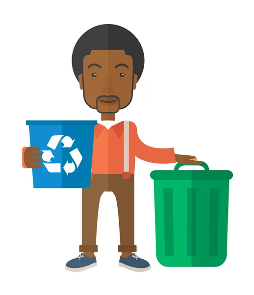 Hombre negro clasificando una basura — Vector de stock