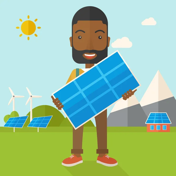 Hombre africano sosteniendo un panel solar . — Vector de stock