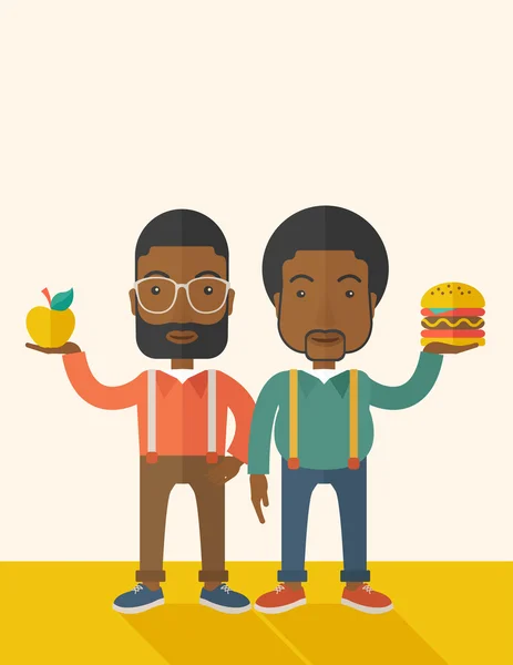 Two black businessmen comparing apple to hamburger. — Stock Vector