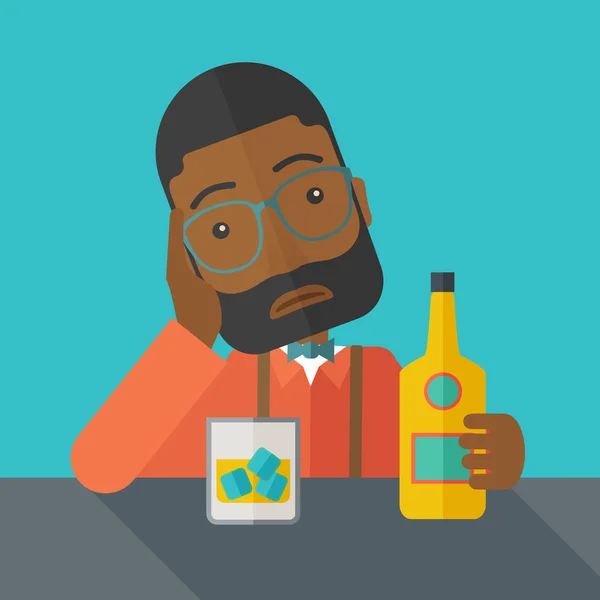Triste homem africano sozinho no bar a beber cerveja . — Vetor de Stock