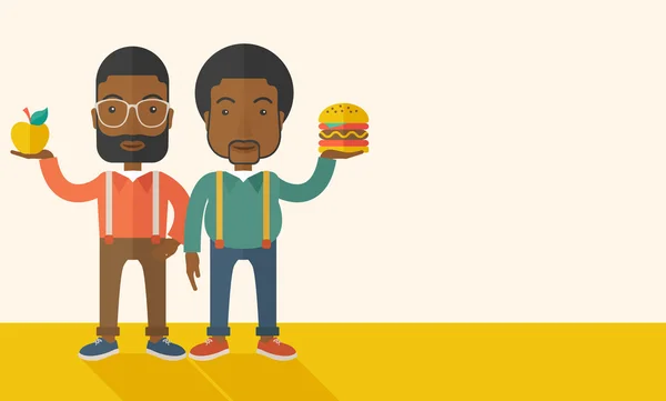 Dos hombres de negocios negros comparando manzana con hamburguesa . — Archivo Imágenes Vectoriales