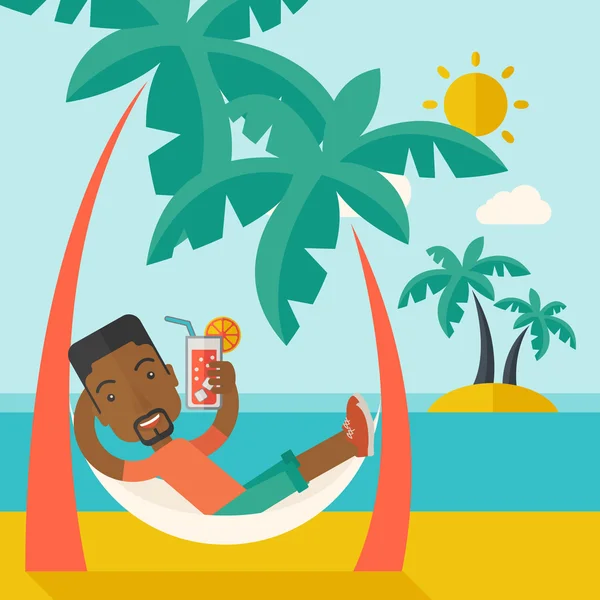 Νεαρός Μαύρος άνδρας στην παραλία ου χαλάρωση και πίνοντας κοκτέιλ. — Διανυσματικό Αρχείο