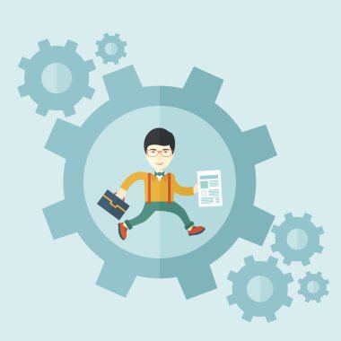 Onun iş teklifi büyük dişli içinde olarak bir çanta ve kağıt taşıyan adam.