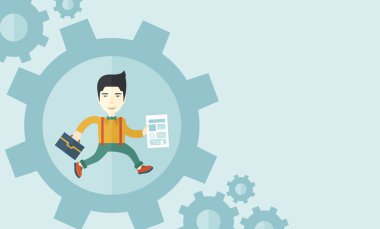 Onun iş teklifi büyük dişli içinde olarak bir çanta ve kağıt taşıyan adam.