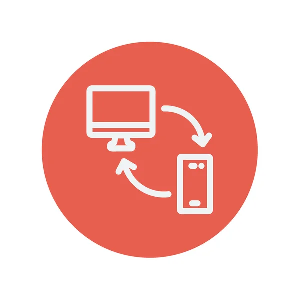 Ordenador, dispositivo móvil y conexión de red icono de línea delgada — Vector de stock