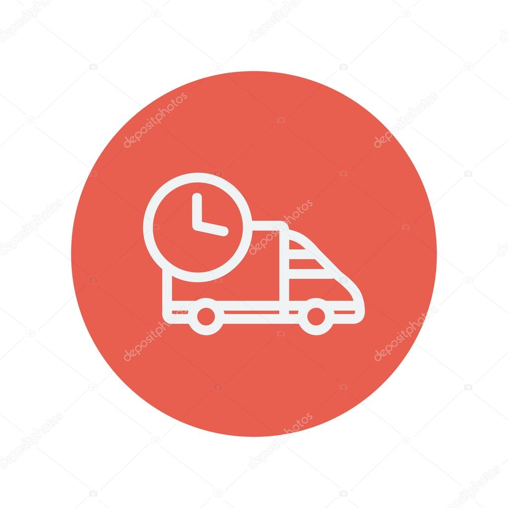 On time delivery van thin line icon for web and mobile minimalistic flat design. Vector white icon inside the red circle